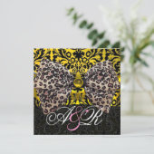 プリントされたヒョウの毛皮の弓金ゴールドブラックダマスクモノグラム 招待状 (スタンド正面)