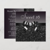 プリントされたブラックシークイン、リボン&ダイヤモンド スイート16 招待状 (正面/裏面)