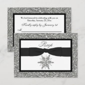 プリントされたリボンと蝶結びのグリッター雪の結晶 RSVP カード (正面/裏面)