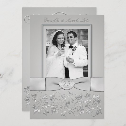 プリントされたリボンと蝶結びの25周年記念写真招待状 招待状 (正面/裏面)