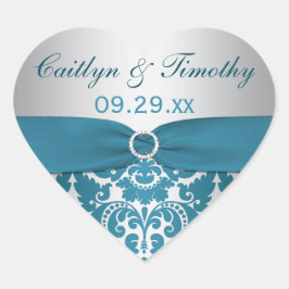 プリントされたリボンシルバー、ティール（緑がかった色）ダマスク結婚式シール ハートシール