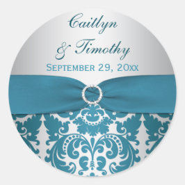 プリントされたリボンシルバー、ティール（緑がかった色）ダマスク結婚式シール ラウンドシール