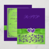 プリントされたリボン 紫と緑の花柄 ウェディングRSVPカード 出欠カード (正面/裏面)