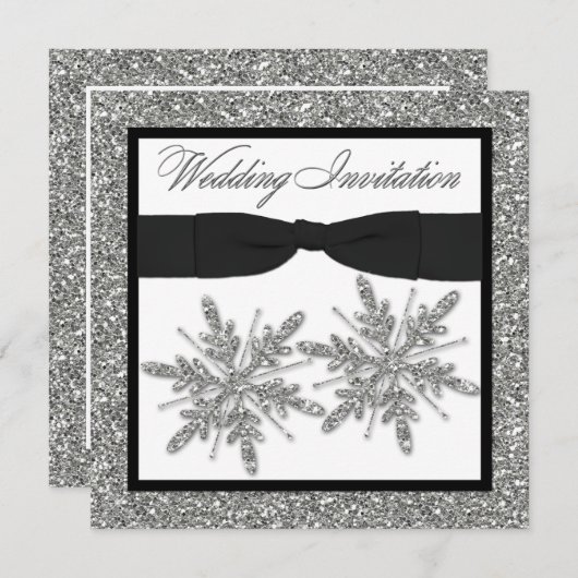 プリントされた弓グリッタールック雪片結婚式招待 招待状 (正面/裏面)