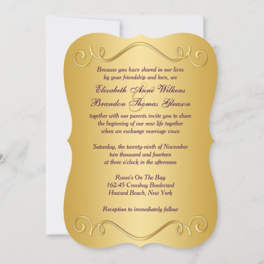 プリントされた弓パープル、金ゴールドフローラ結婚式の招待4 招待状 (裏面)