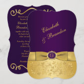 プリントされた弓 紫と金の花の結婚式の招待状８ 招待状 (正面/裏面)