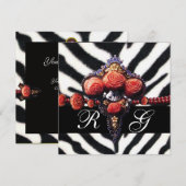 プリントされた赤い珊瑚のバラ、黒と白のゼブラの皮 招待状 (正面/裏面)