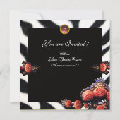 プリントされた赤い珊瑚のバラ、黒と白のゼブラの皮 招待状 (裏面)