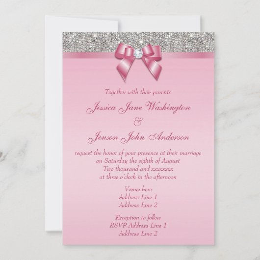 プリントされた銀の続きとピンクのバウ結婚ズ 招待状 (裏面)