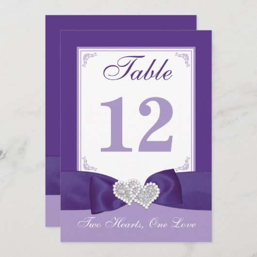 プリントされたBOW紫色の白いテーブル番号カード 招待状 (正面/裏面)