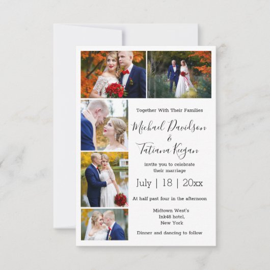 プリントとデジタルの5枚の写真結婚コラージュ 招待状 (正面)