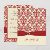 プリントのリボン　クリーム色と赤のダマスク柄の返信カード 出欠カード (正面/裏面)