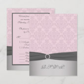 プリントのリボン グレー、ピンクのダマスク柄の返信カード 出欠カード (正面/裏面)