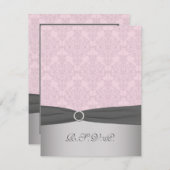 プリントのリボン グレー、ピンクのダマスク 返信カード (正面/裏面)
