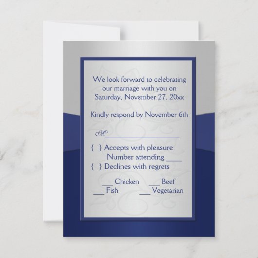 プリントのリボン ネイビー、シルバーの花柄の返信カード 出欠カード (裏面)