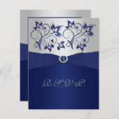 プリントのリボン ネイビー、シルバーの花柄の返信カード 出欠カード (正面/裏面)
