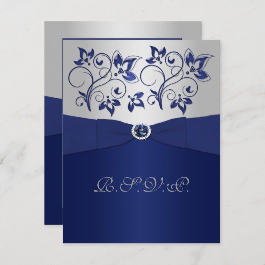 プリントのリボン ネイビー、シルバーの花柄の返信カード 出欠カード (正面/裏面)