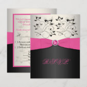 プリントのリボン ピンク ブラック シルバー RSVP カード (正面/裏面)