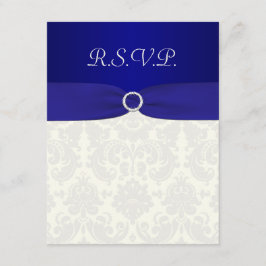 プリントのリボン ブルー、アイボリーのダマスク柄返信カード 出欠カード