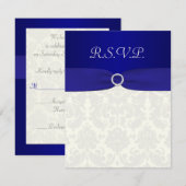 プリントのリボン ブルー、アイボリー ダマスク 返信カード (正面/裏面)
