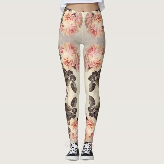 プリントのレギンスをくまなくピンクのキャベツばら色の花 レギンス (正面)