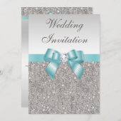 プリントシルバーシークインズダイアモンドティール(緑がかった色)結婚ボウ 招待状 (正面/裏面)