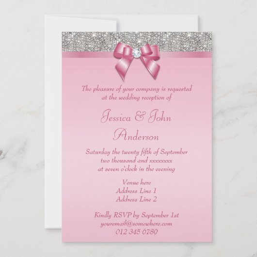 プリントシルバーシークインピンクボウウェディングレセプション 招待状 (裏面)