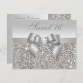 プリントシルバーシークイン、ボウ&ダイヤモンドスウィート16 招待状 (正面/裏面)