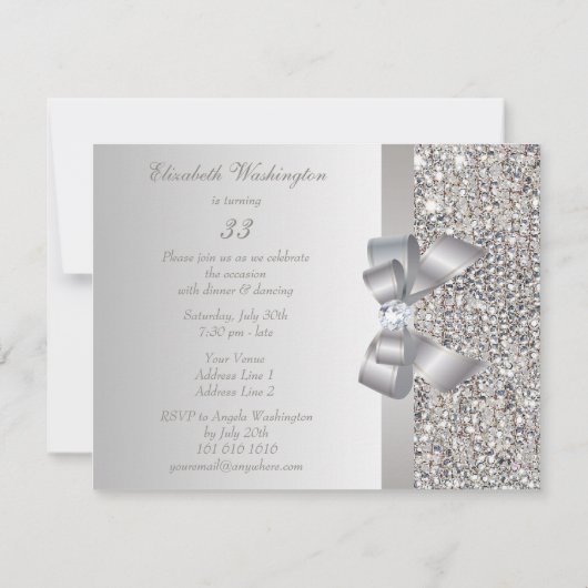 プリントシルバーシークイン、ボウ&ダイヤモンド誕生日 招待状 (裏面)