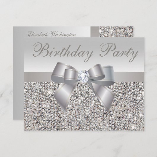 プリントシルバーシークイン、ボウ&ダイヤモンド誕生日 招待状 (正面/裏面)