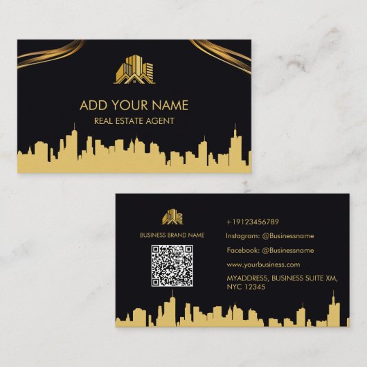 プリントブラックおよび金ゴールド実在エージェントエステート名刺 名刺 (正面/裏面)