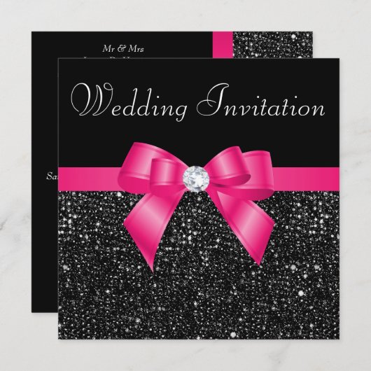 プリントブラックシークインとホットピンクボウ結婚ズ 招待状 (正面/裏面)