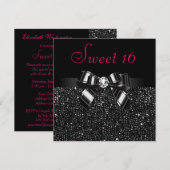 プリントブラックシークイン、ボウ&ダイヤモンドピンク甘い16 招待状 (正面/裏面)