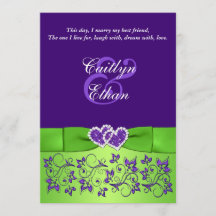 プリントボウパープルグリーンフローラ結婚式招待状
