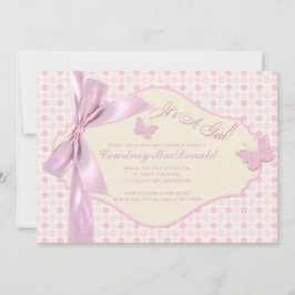 プリントボウ/リボンピンク水玉模様赤ちゃんシャワー 招待状
