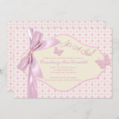 プリントボウ/リボンピンク水玉模様赤ちゃんシャワー 招待状 (正面/裏面)