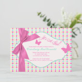 プリントボウ/リボンホットピンク水玉模様ベビーシャワー 招待状 (スタンド正面)