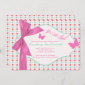 プリントボウ/リボンホットピンク水玉模様ベビーシャワー 招待状 (正面/裏面)