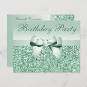 プリントミントグリーンシーキン、ボウ&ダイヤモンド誕生日 招待状 (正面/裏面)