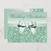 プリントミントグリーンシーキン、ボウ&ダ結婚イヤモンド 招待状 (正面/裏面)