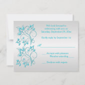 プリントリボンターコイズ、シルバーフローラRSVPカード 出欠カード (裏面)
