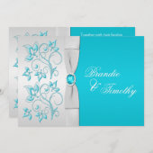 プリントリボンターコイズ、銀フローラ結婚ズ 招待状 (正面/裏面)