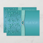 プリントリボンティール(緑がかった色)、アクアフローラRSVPカード 出欠カード (正面/裏面)