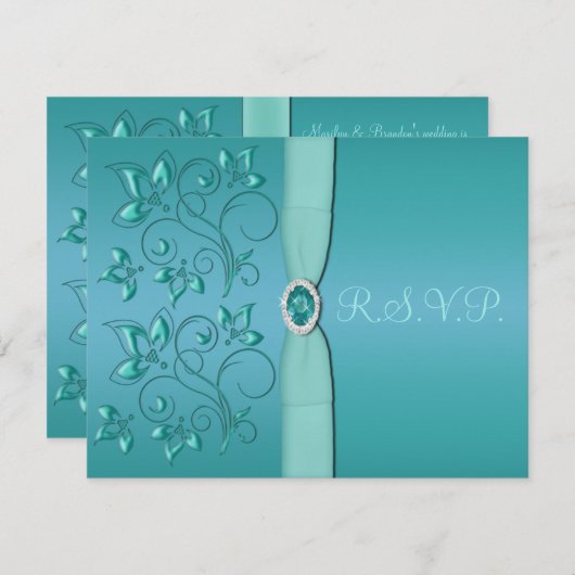 プリントリボンティール(緑がかった色)、アクアフローラRSVPカード 出欠カード (正面/裏面)