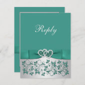 プリントリボンティール(緑がかった色)、銀フローラ返信カード 招待状 (正面/裏面)