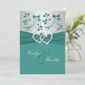プリントリボンティール(緑がかった色)銀接合ハート招待状 招待状 (スタンド正面)