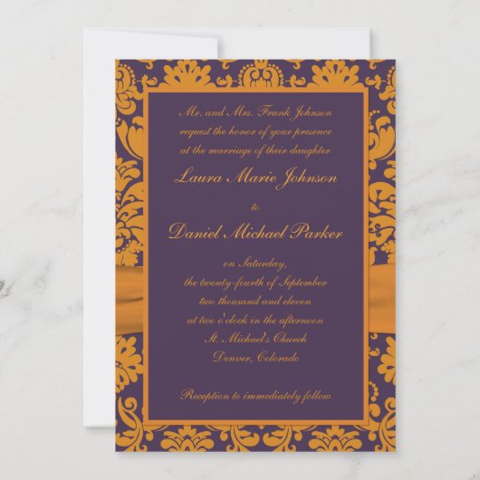 プリントリボンパープルオレンジダマスコウェディング招待状 招待状 (裏面)