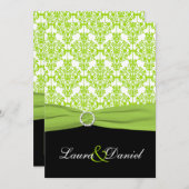 プリントリボンブラック、グリーンダマスク結婚式招待状 招待状 (正面/裏面)