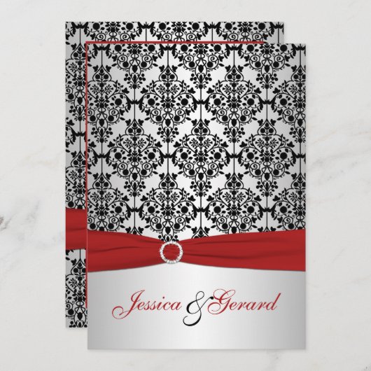 プリントリボンレッド、グレー、およびブラックダマスクの結婚式 招待状 (正面/裏面)