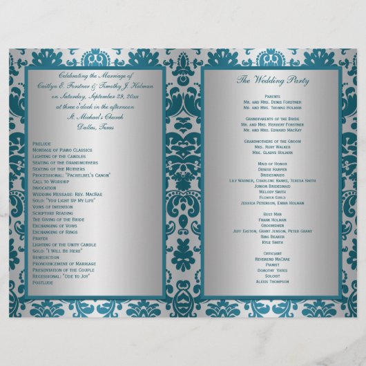 プリントリボン銀及びティール（緑がかった色）ダマスク結婚式プログラム (裏面)